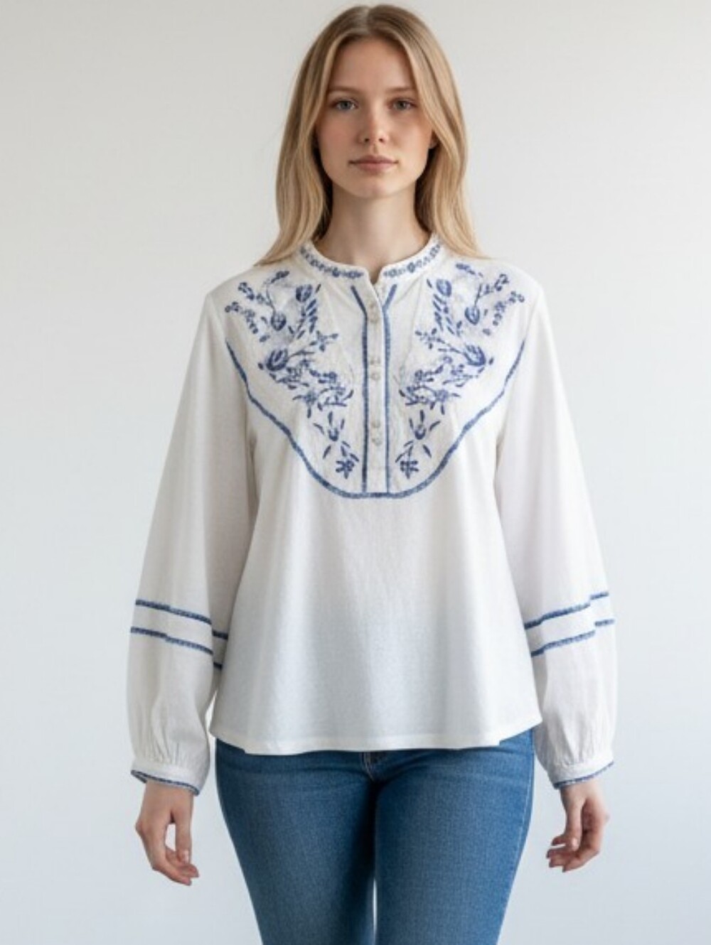 Free People Ivory Embroidered Boho Prairie Top Blue Floral Medium